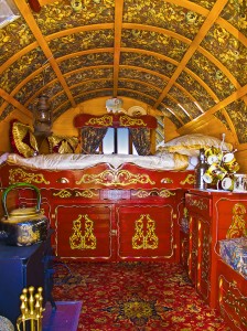 Inside the colourful gypsy caravan